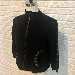 Onque Casuals Black Zip Up with Geometric Embroidered Detail